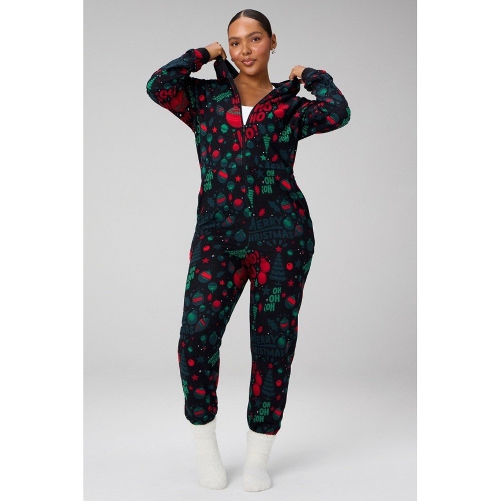 Fabletics Cozy Fleece Ho Ho Holiday Hooded One Piece XXs NEW $154